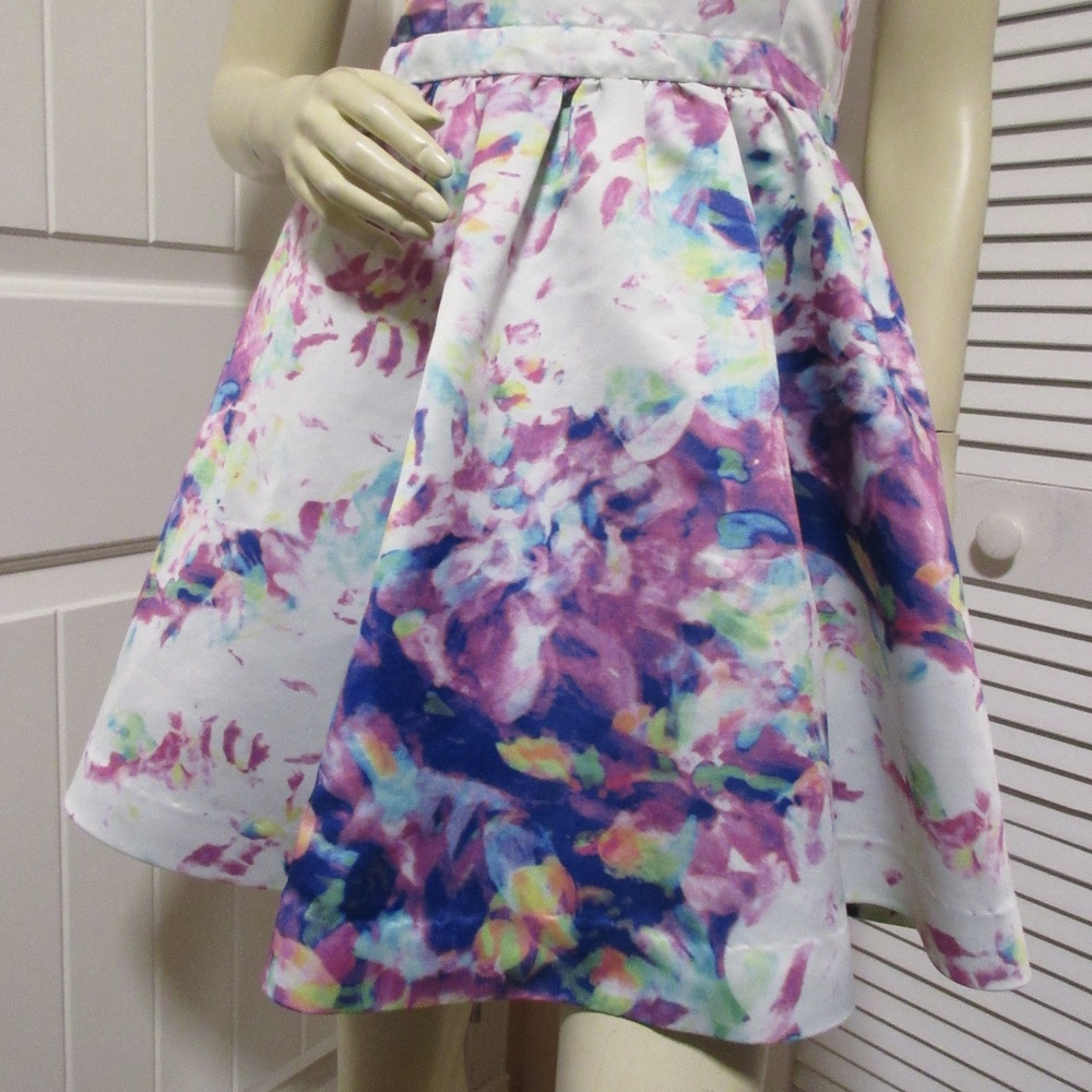 PARKER Fit-and-Flare Skater Dress 10 White Multicolor Satin Fairy Princess Party - Picture 4 of 8